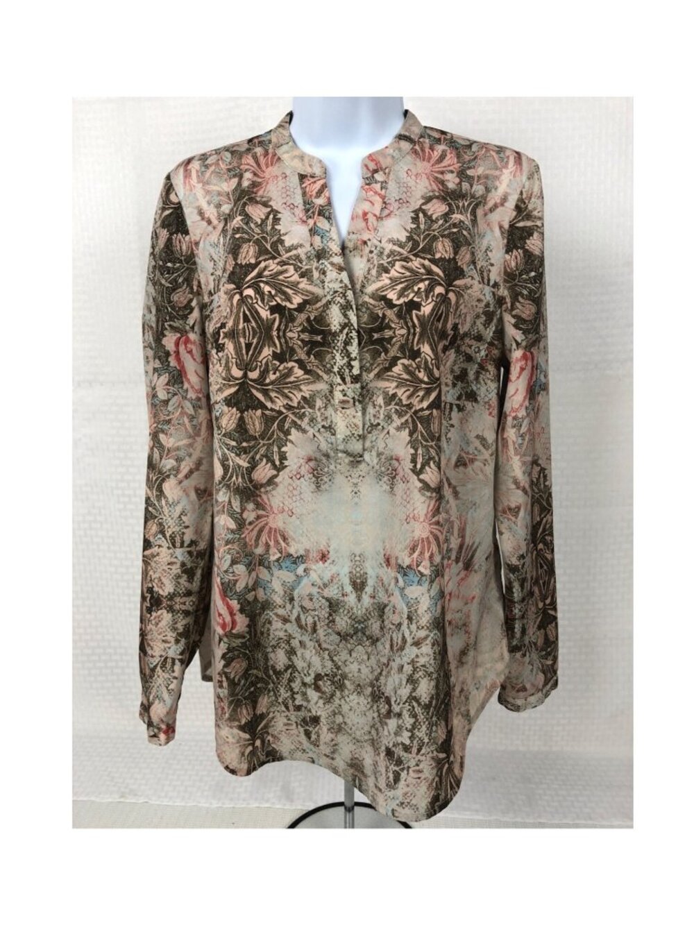Tribal Jeans Top Women Size S Floral Blouse Brown Pink Round V neck Long Sleeves